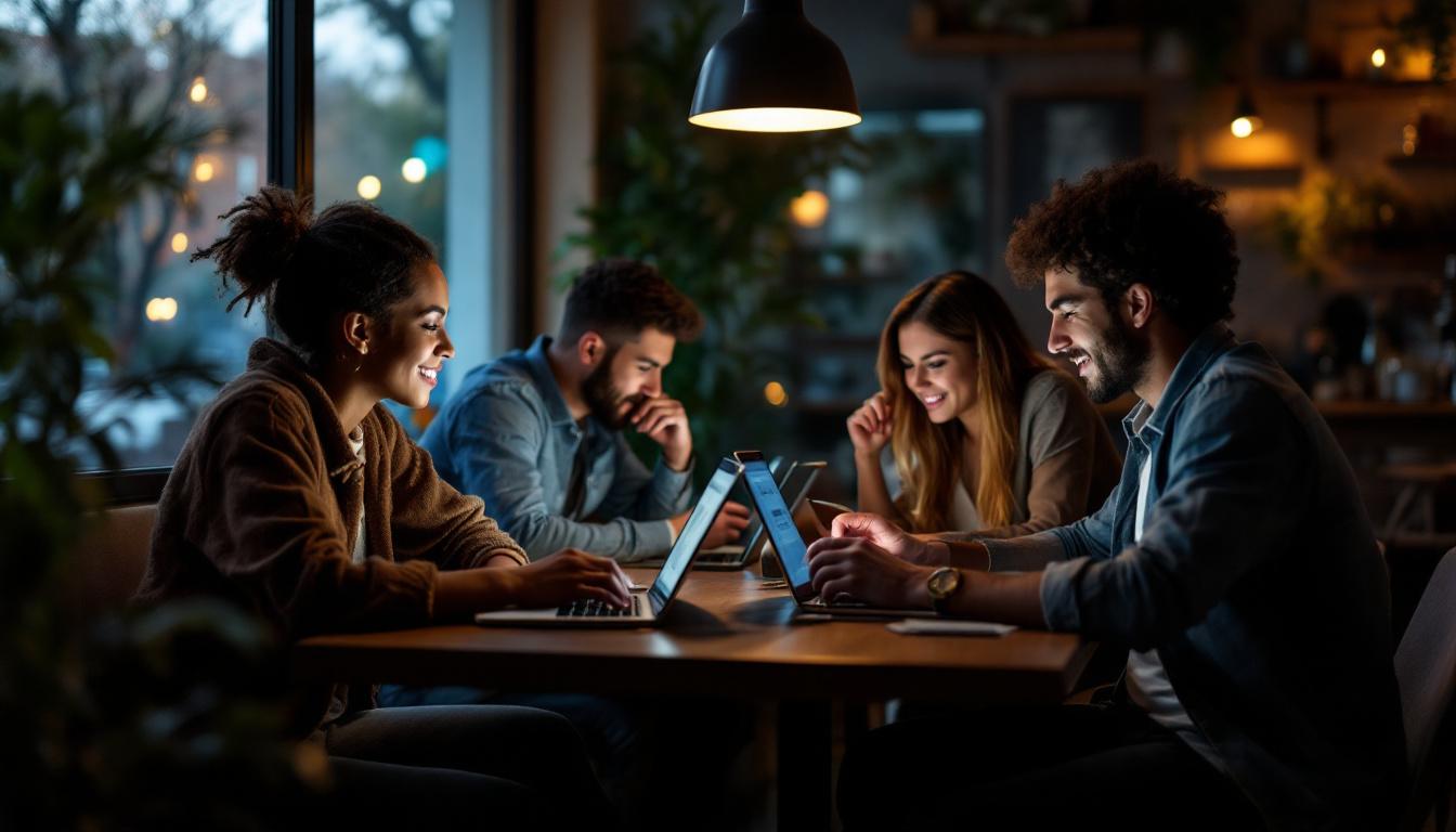 A photograph of a diverse group of individuals using laptops and smartphones in a cozy