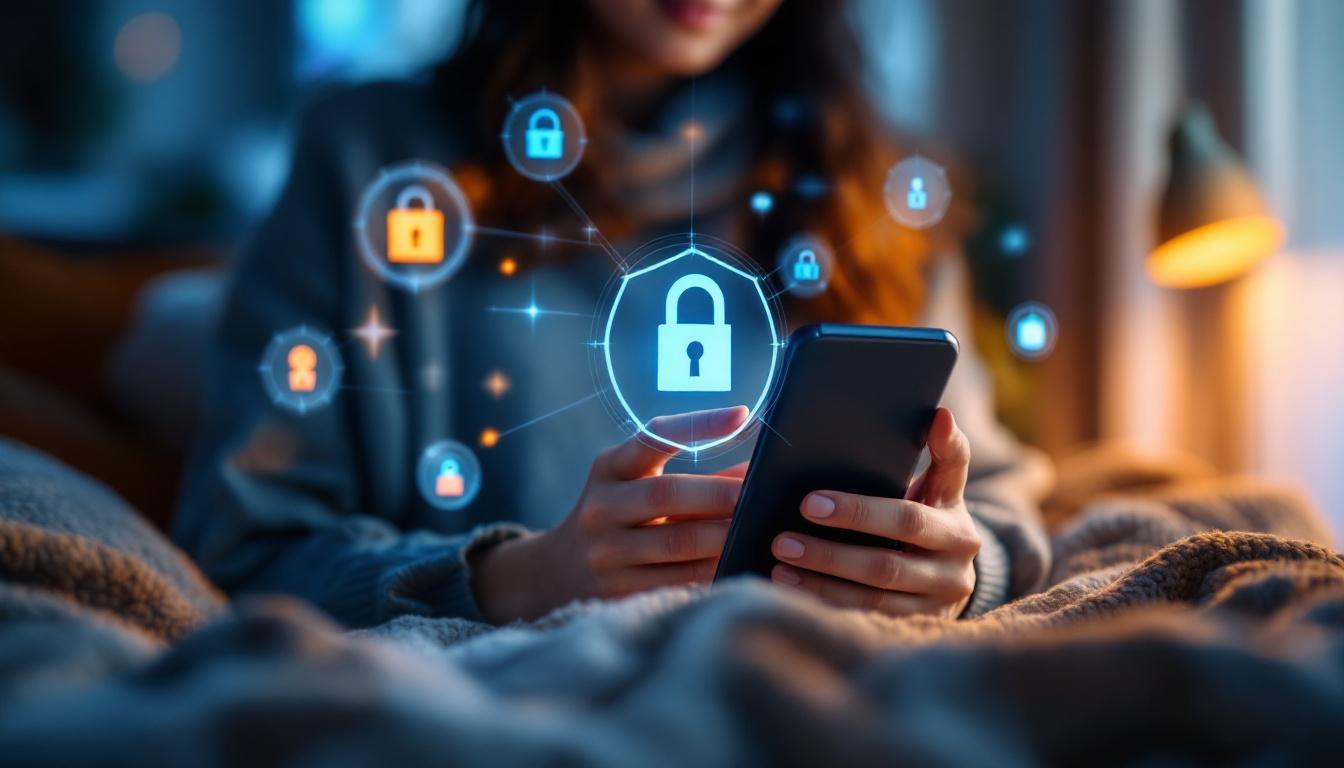 A photograph of a person using a smartphone in a cozy
