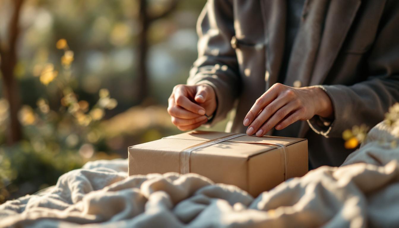 A photograph of a person discreetly packaging a parcel in a serene
