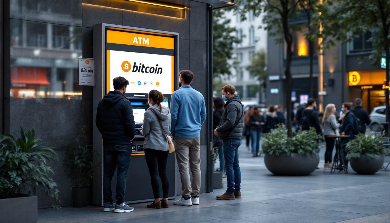 A photograph of a bitcoin atm in an urban setting